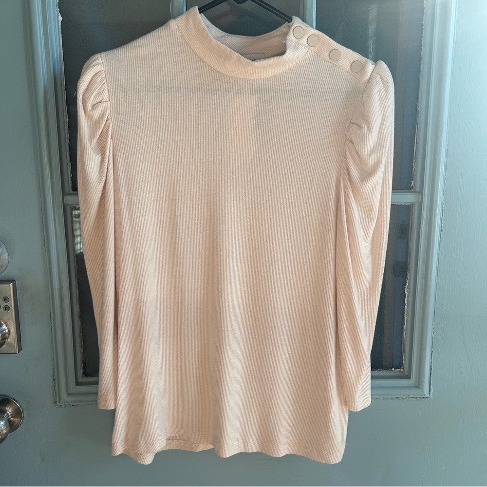 Evereve Ribbed Snap Neck Long Sleeve Puffy Shoulder Top Cream Off White Medium
